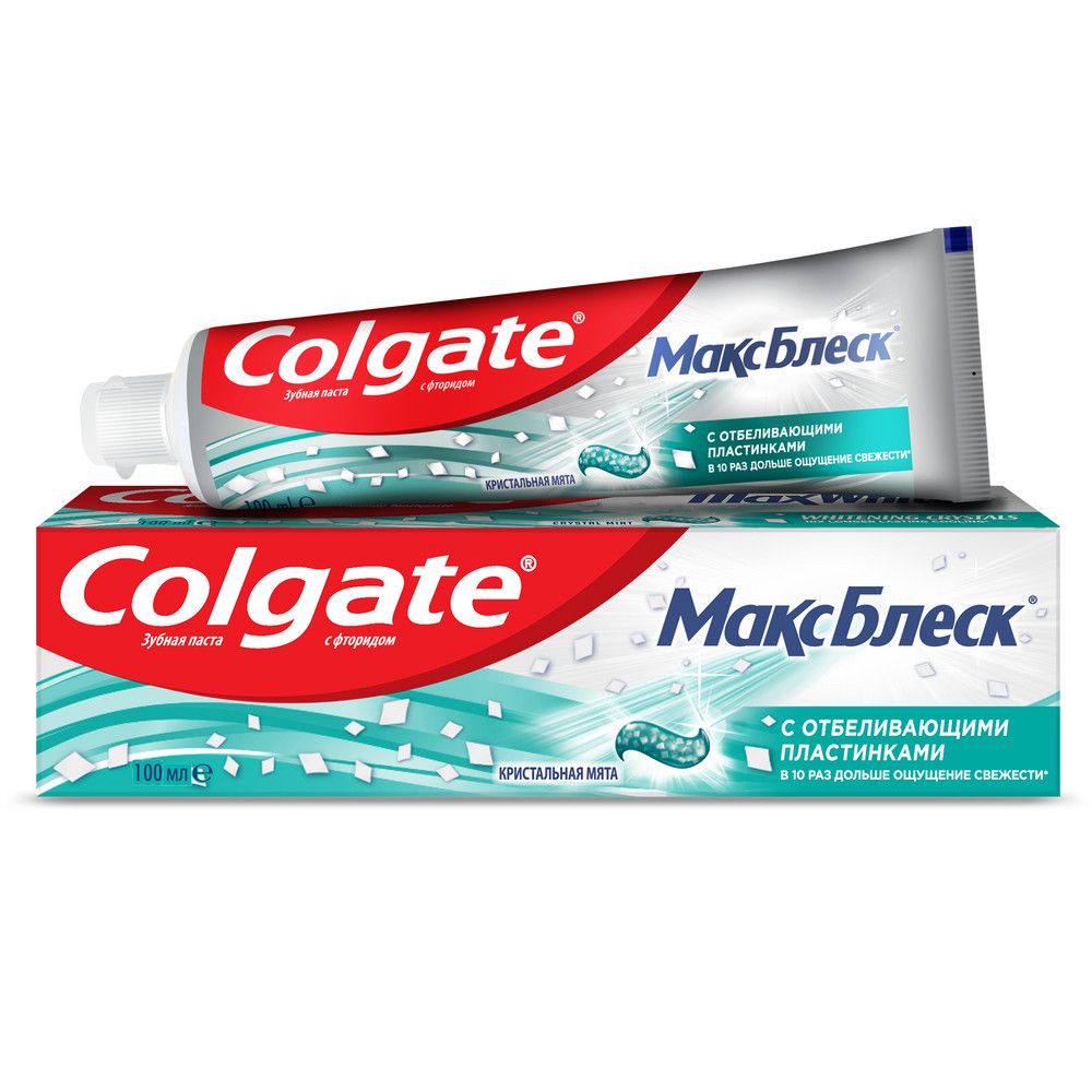 фото упаковки Colgate Макс Блеск с отбеливающими пластинками зубная паста