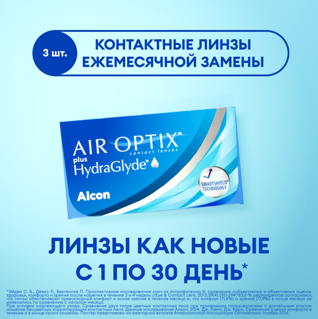 Alcon Air Optix Plus HydraGlyde Линзы контактные, BC=8.6 d=14.2, D(-3.00), 6 шт.