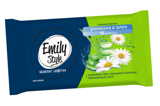 Emily Style Салфетки влажные для интимной гигиены, салфетки, алоэ и ромашка, 15 шт.